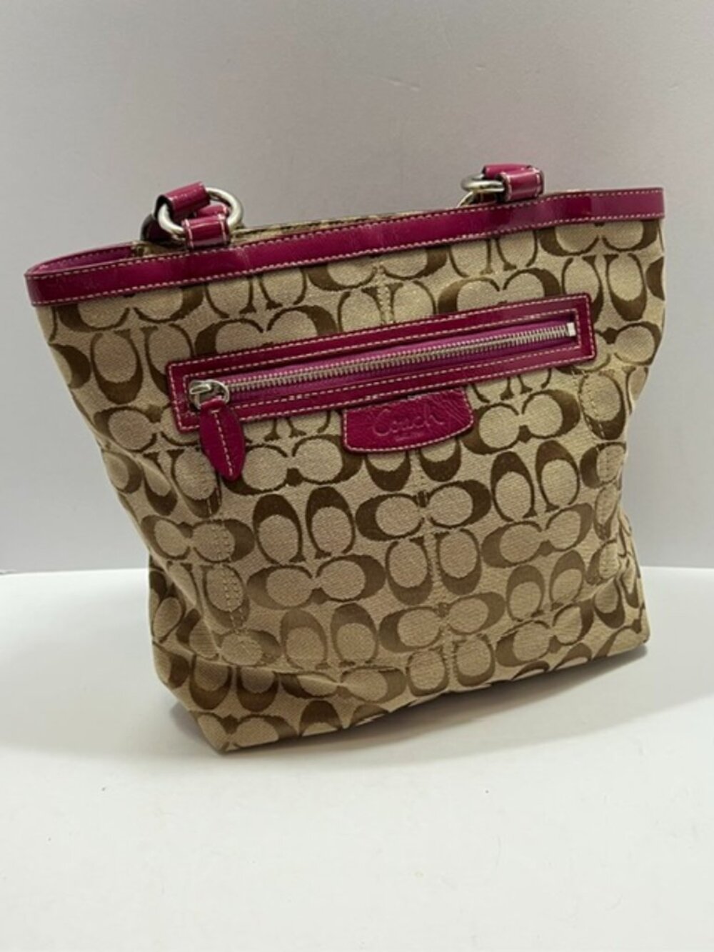 Coach Penelope Signature Canvas Tote Tan Jacquard/Raspberry Leather Trim w/COA